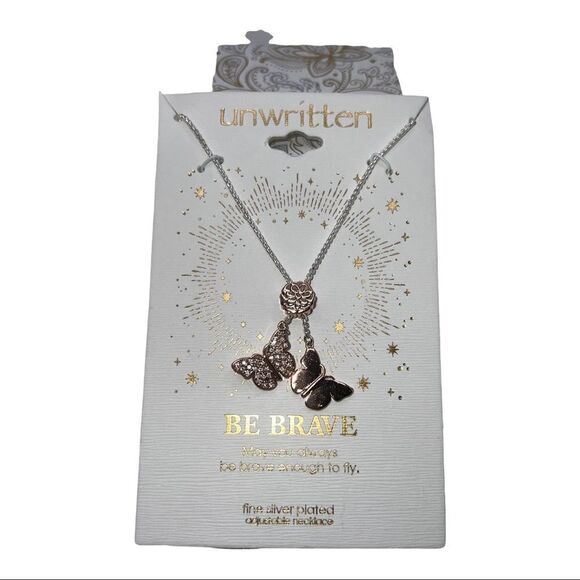 Unwritten Be Brave Rose Quartz Faceted Crystals Butterflies Fine Silver Necklace - Picture 1 of 2